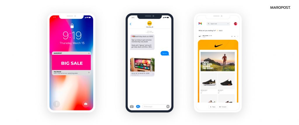mobile marketing examples - sms, push, email