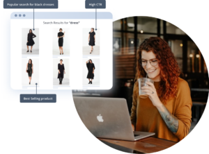 A fashionable woman uses the Findify recommendation widget to reveal popular searches and best-selling products to her ecommerce site’s shoppers