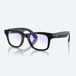 Picture of a black ray ban glasses with transparent blue tinged lenses
