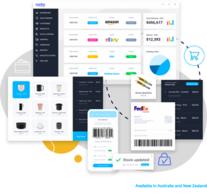 Screengrab of Neto dashboard showing sales channels and related revenue. Screengrab is surrounded by an assortment of home goods pictures and prices, order details, and shipping labels