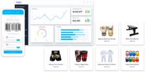 Screengrab of Neto dashboard showing daily sales trends, gross revenue, returns, and top-selling products. The screengrab is surrounded by sports and fitness products with pricing, from boxing gloves to steel kettlebells and Muy Thai shorts.