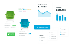 Screengrabs of green and blue chairs for sale, adjacent to their inventory statuses. Callouts show average item per sale and gross profit data, along with advanced filtering options.