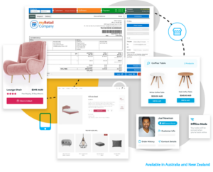 Screengrab of Retail Express dashboard showing an invoice. The screengrab is surrounded by furniture product images and a customer contact card with links to order history and more.