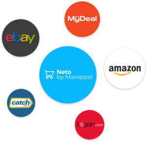 Logos of EBay, Amazon, Catch Marketplace, Kogan.com, MyDeal