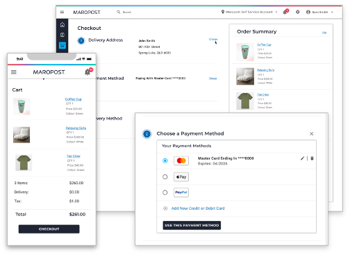 Screengrabs show Neto's new checkout, with views of a customer's cart, order summary, and payment method screens. 