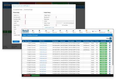Screengrabs new Retail Express Quick Create & Add Product and Export Download Manager functionality 